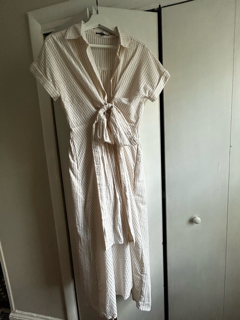 Cream Stripe Tie-Front Midi Dress from Lulus